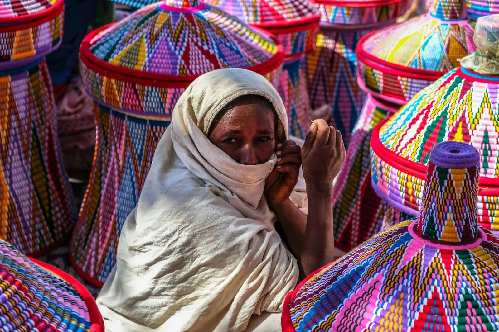 Ethiopian women selling baskets in the Aksum basket market