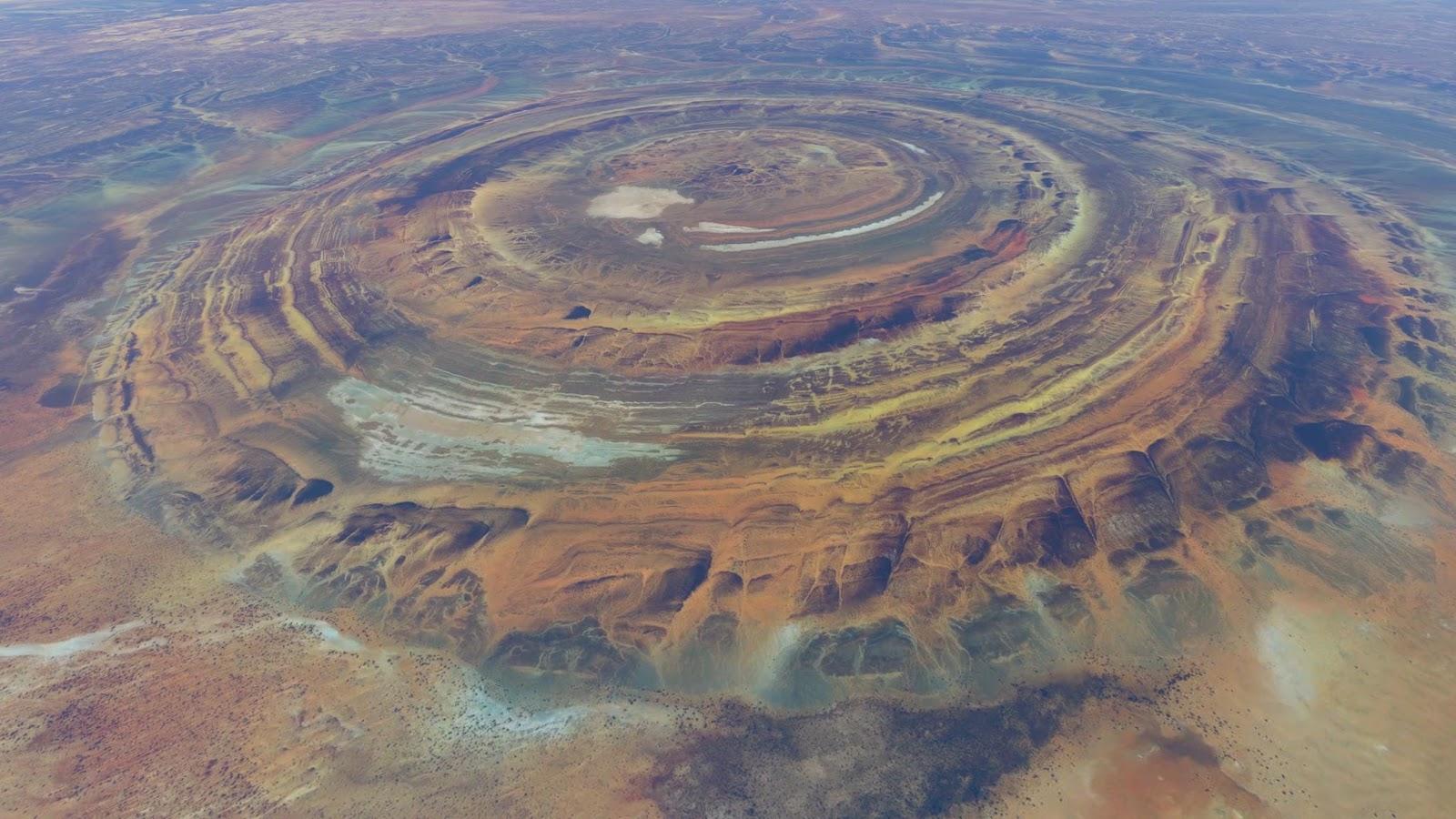 High altitude view of the Richat Structure is a prominent circular feature in the Sahara's Adrar Plateau near Ouadane west central Mauritania in Northwest Africa