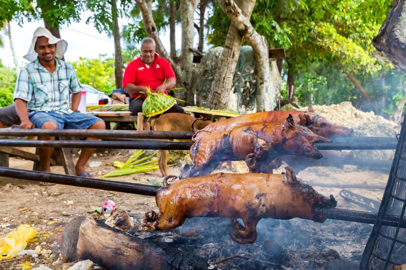 a group of local native indigenous Polynesian men does a pork barbecue of small piglets on an open fire on a Tongan beach under palms