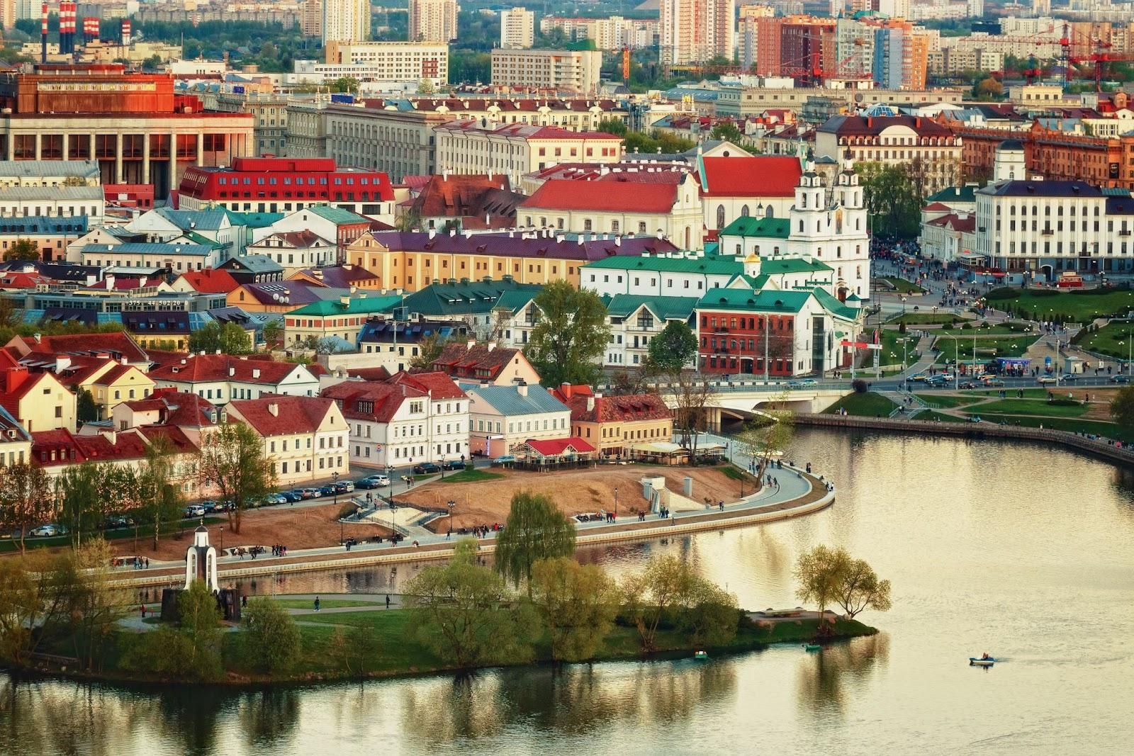 Panoramic view of the historical center of Minsk. Belarus. Sunset.