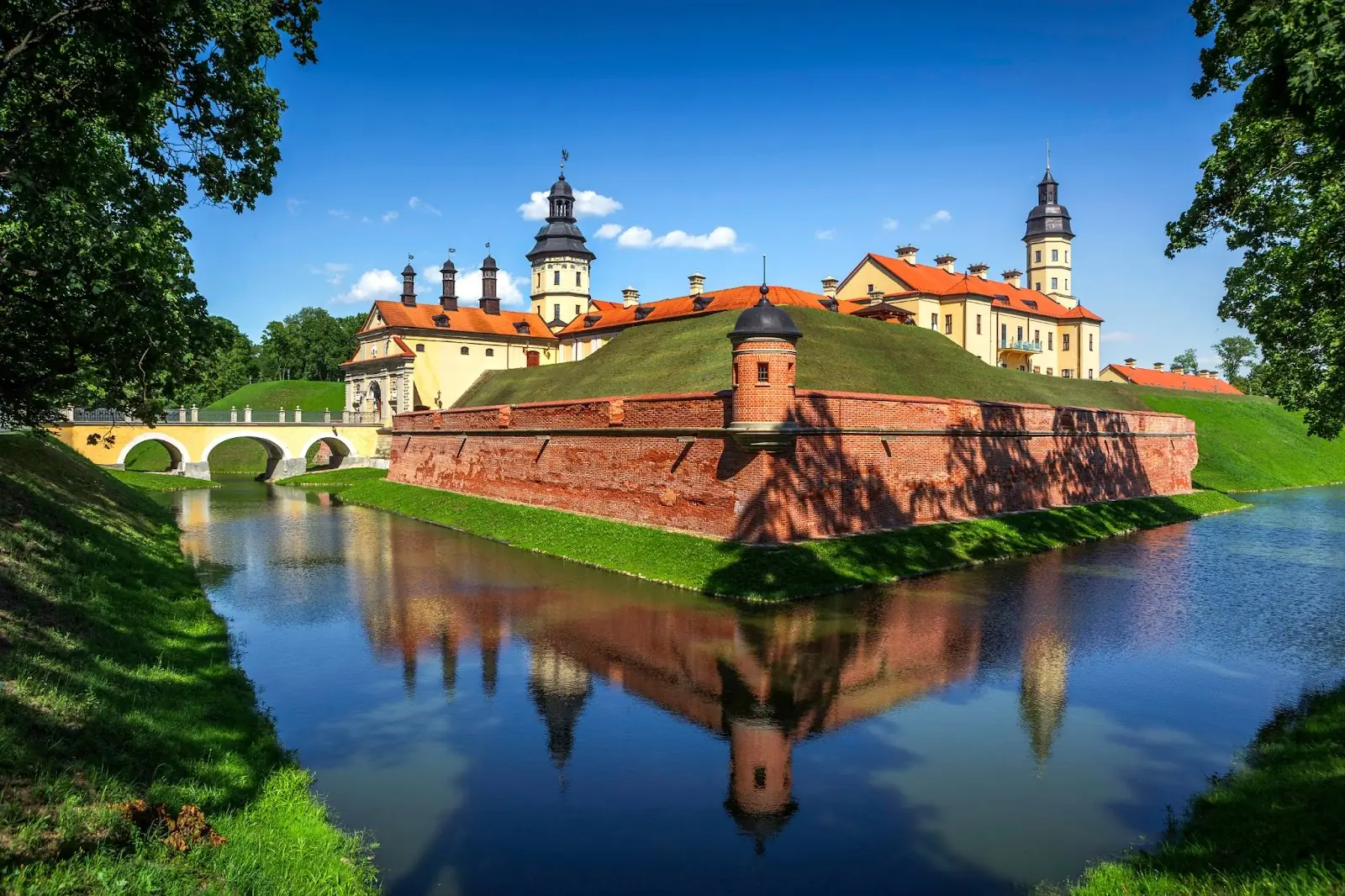 Nesvizh Castle. Belarus. Historical, palace and castle complex. Sunny summer day.