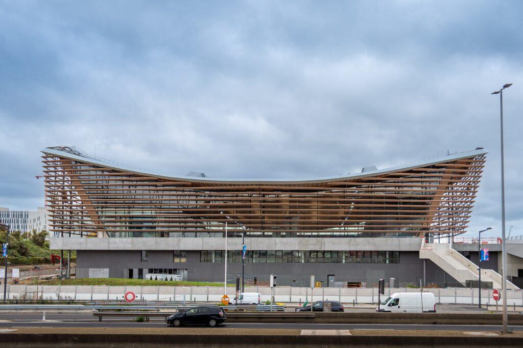 Exterior view of the Paris Olympic Aquatic Centre.