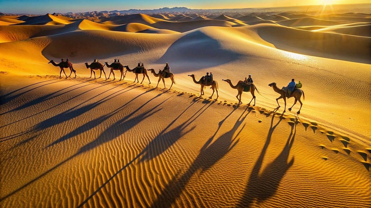 Camel caravan crossing the desert. Buy your experience with MAD bought from our website in GBP. Get the best rate.
