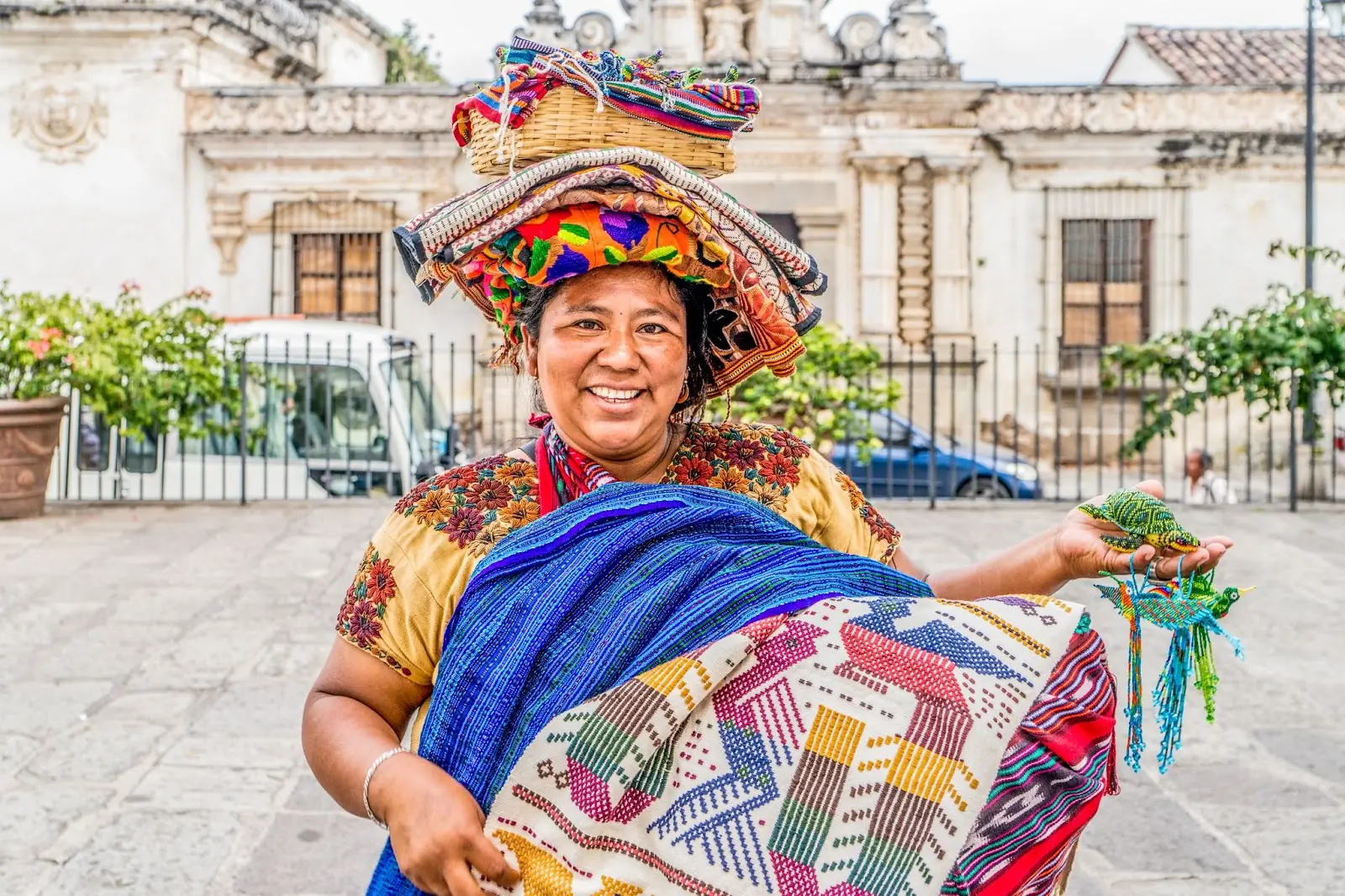 Indigenous Mayan market women sell handicrafts to international tourists in the streets and parks of Puerto Quetzal