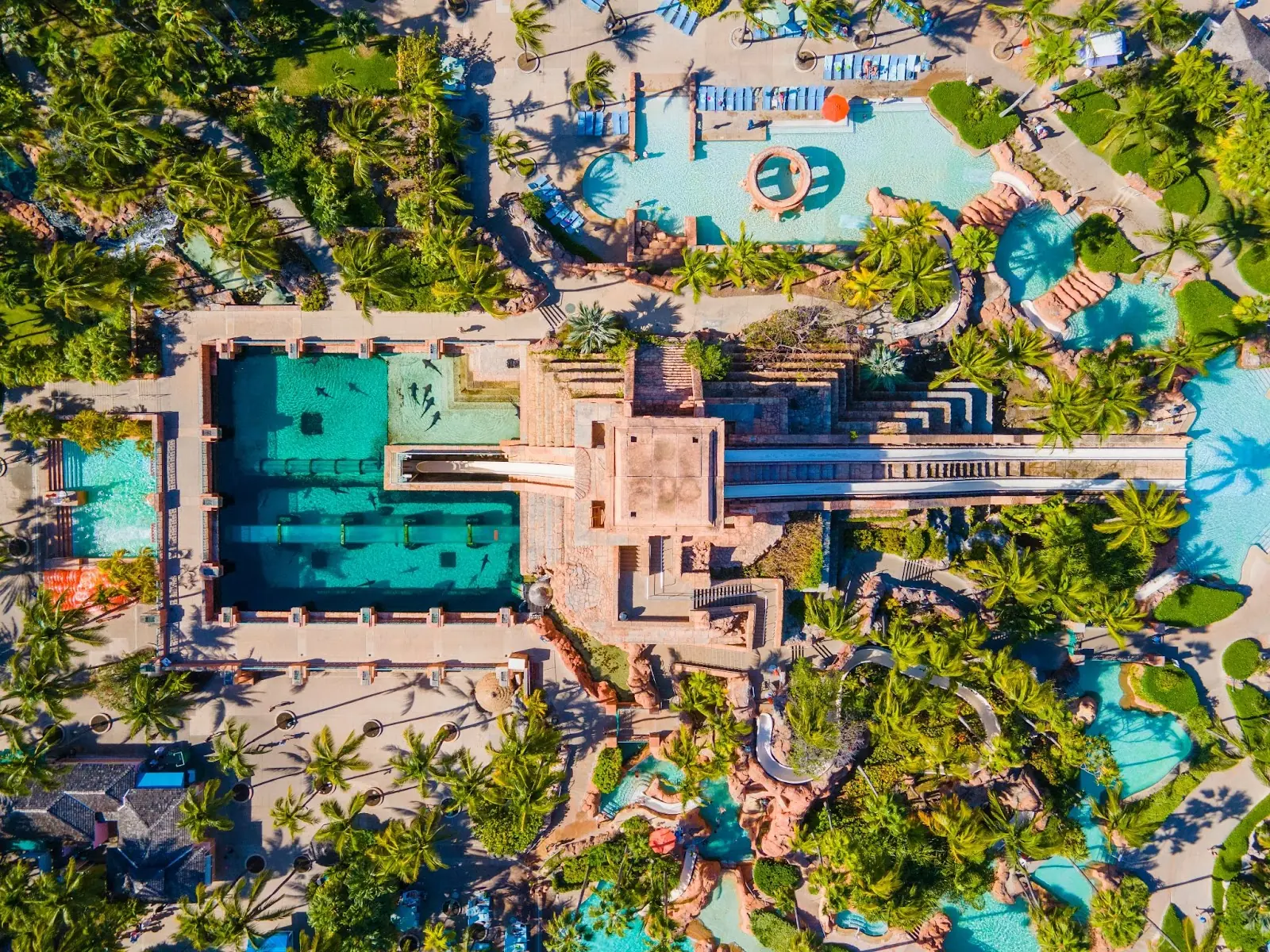 Mayan Temple water slide aerial view including Leap of Faith and Challenger Slide at Adventure Park in Atlantis Hotel on Paradise Island