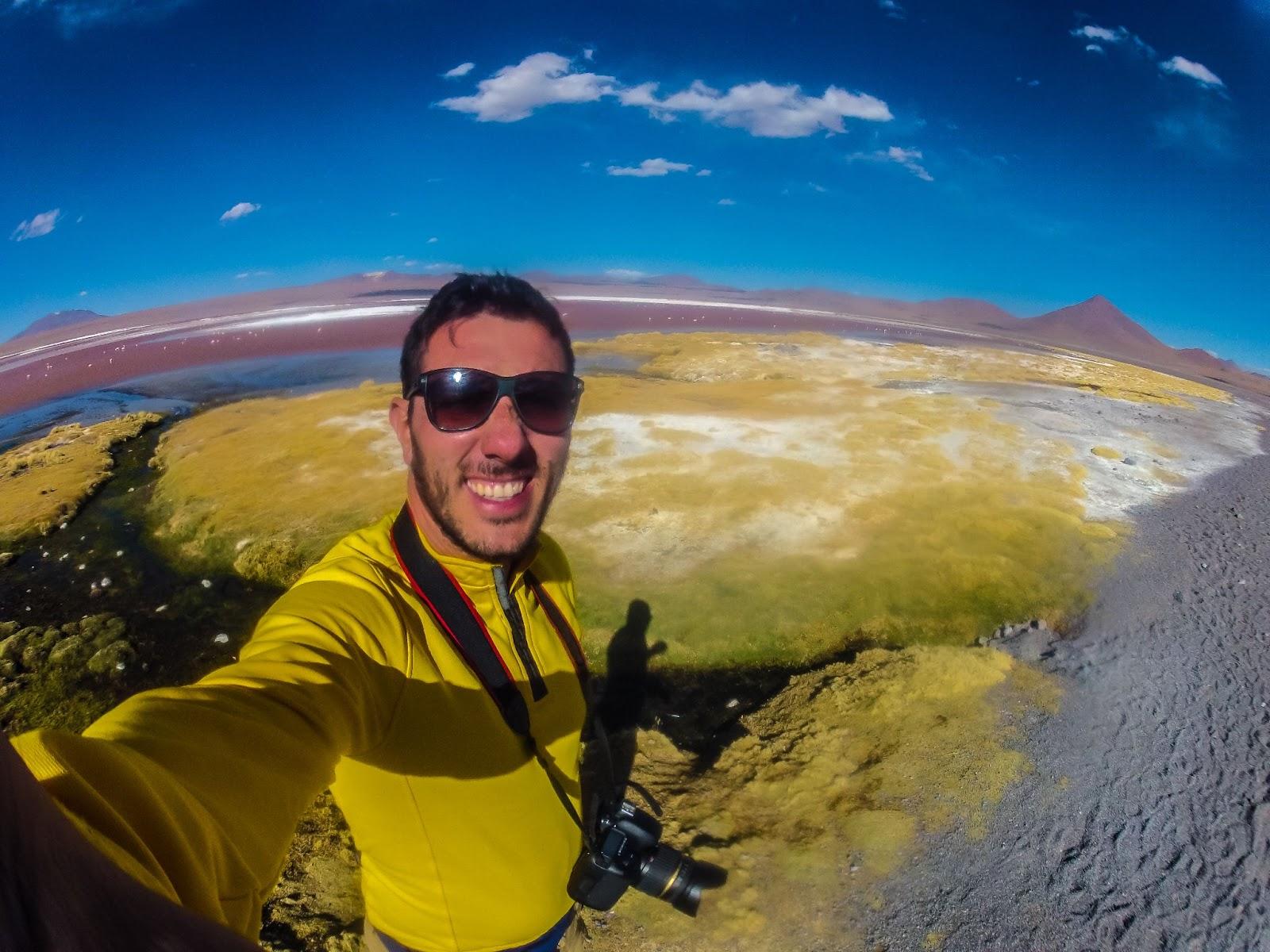 Young tourist take selfie photo in front the Red Lagoon