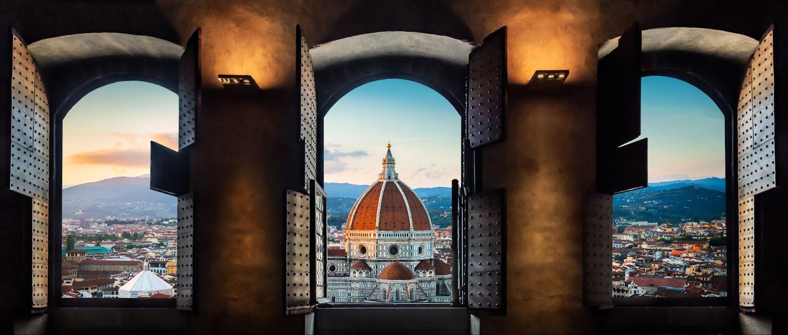 View from the old window on Florence Duomo Basilica di Santa Maria del Fiore. Florence, Italy. Collage of the historical theme and the theme of travel.