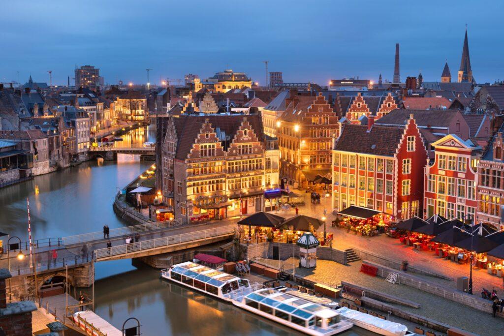 Ghent, Belgium old town cityscape from the Graslei are at dawn.