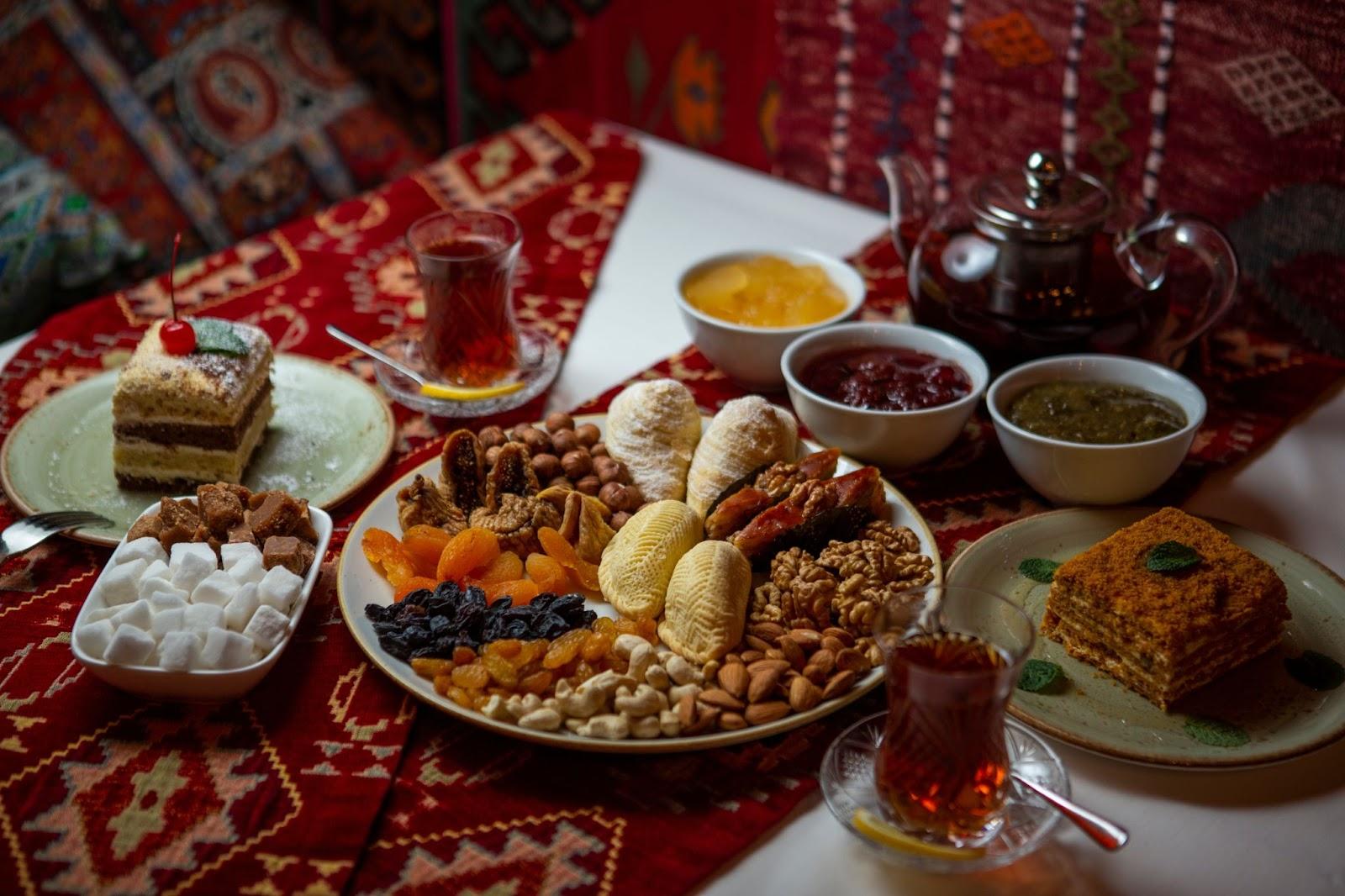 Azerbaijani traditional tea ceremony including dates  