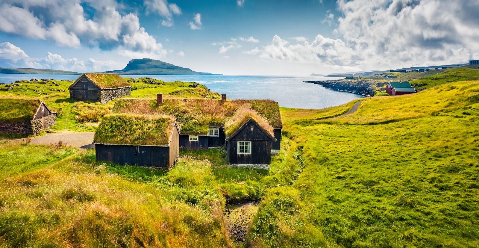 Grass roofed cottages in Denmark.