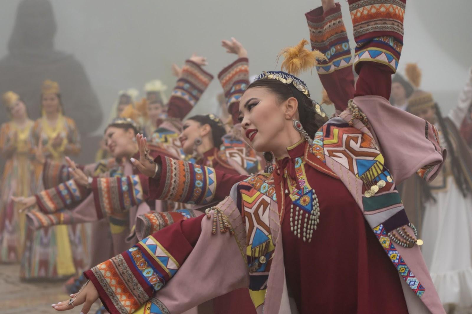 Central Asian Dancers Dancing in Traditional Folklore Costumes