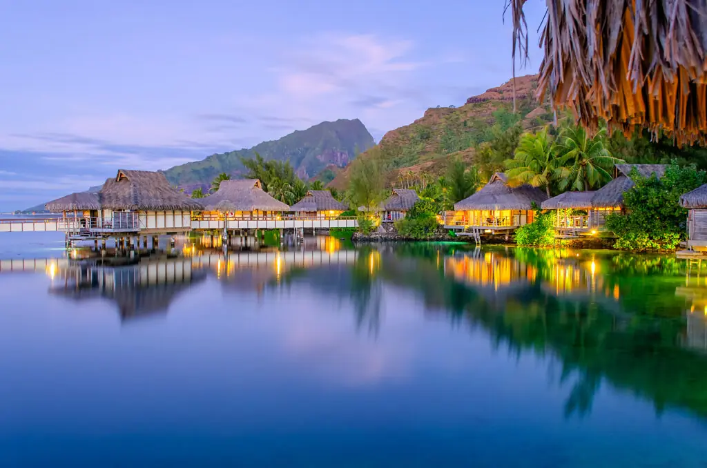 Overwater Bungalows at dusk, French Polynesia