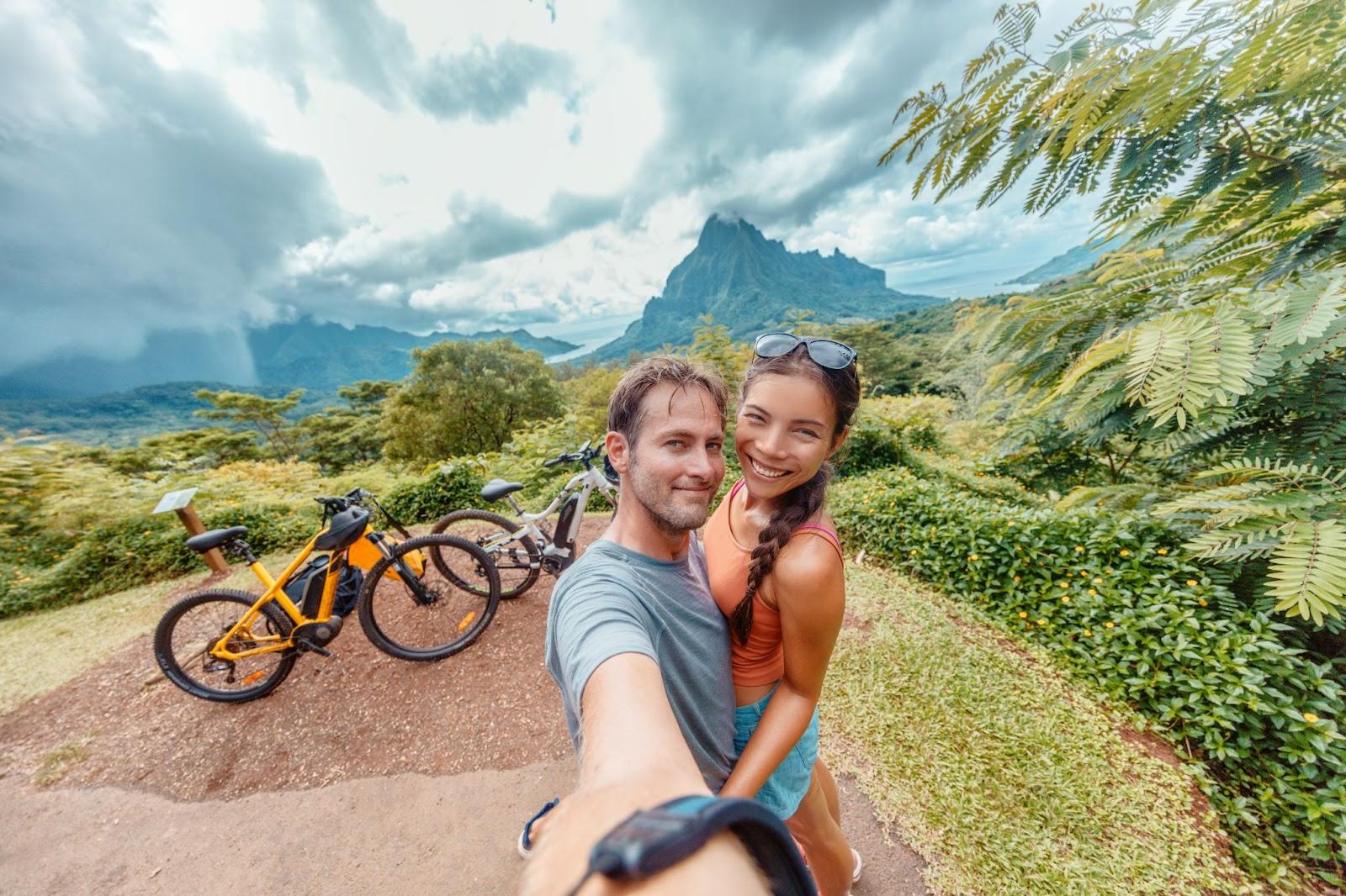 E-biking couple selfie Moorea Island